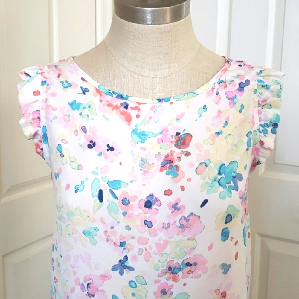 LC LAUREN CONRAD Sleeveless Blouse Watercolor Floral Ruffle Shoulders • MEDIUM - Picture 6 of 16